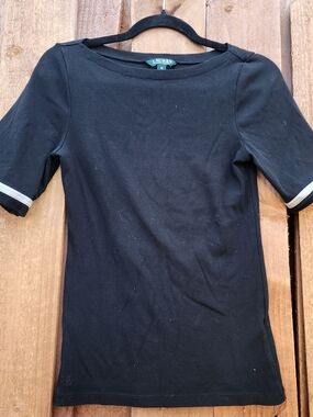 Lauren Ralph Lauren Black Boatneck Short Sleeve Top White Stripe Cuffs M